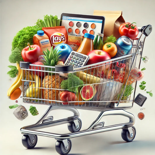 A realistic shopping cart filled with various items including fresh produce, packaged groceries, a laptop, and a small electronic device, displayed against a clean white background.