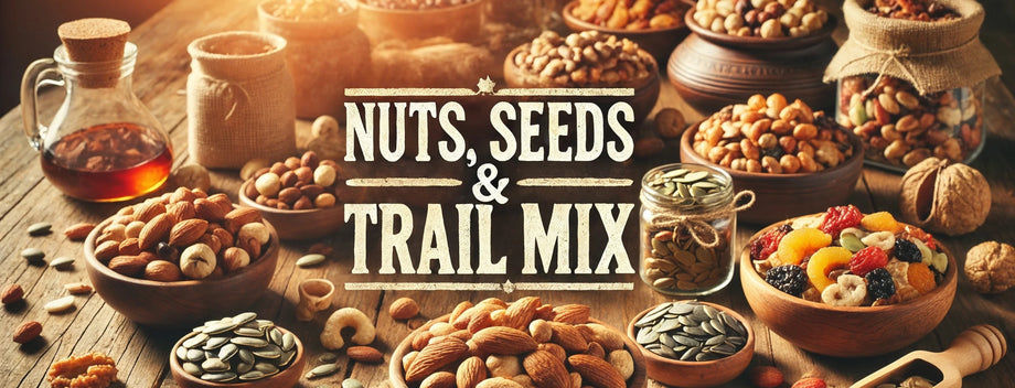 An inviting display of various nuts, seeds, and trail mix arranged on a rustic wooden table. The assortment features almonds, walnuts, pistachios, cashews, sunflower seeds, and colorful trail mix presented in bowls, mason jars, and small burlap sacks.