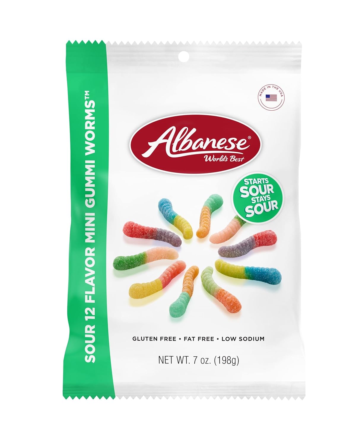 Albanese World's Best Sour Gummi Worms, 12 Flavors, 7 oz Bag