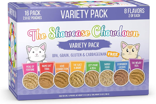 Weruva Slide N' Serve Paté Wet Cat Food, The Showcase Chowdown Slide N' Serve 2.8oz Pouch Variety Pack of 16, 8 Flavors