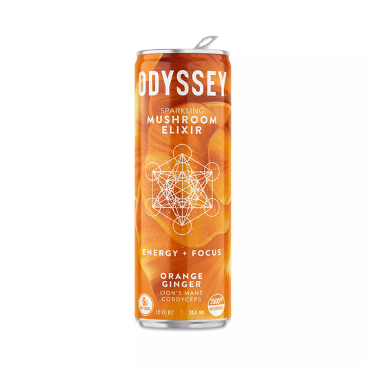 Odyssey Elixir, Sparkling Mushroom Elixir, Orange Ginger Beverage, 12 oz Can