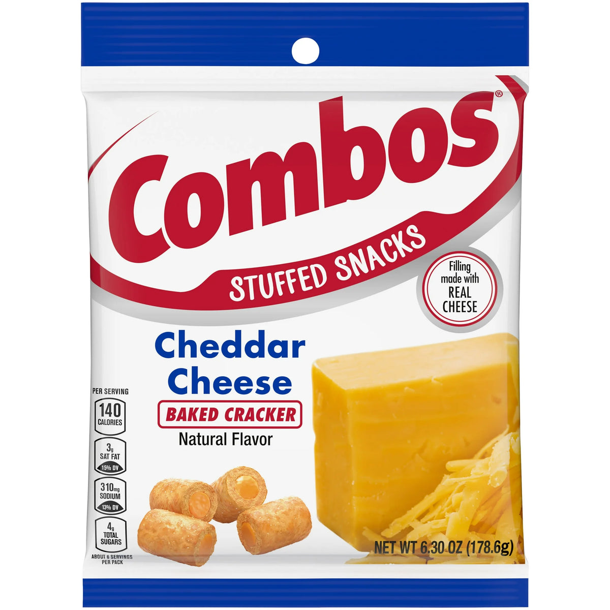 Combos Stuffed Snacks Cheddar Cheese Baked Cracker Snacks, 6.3 oz Bag