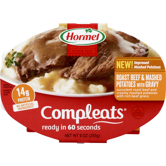 HORMEL COMPLEATS Roast Beef & Mashed Potatoes, Shelf-Stable, 14 grams Protein, 9 oz Plastic Microwaveable Tray