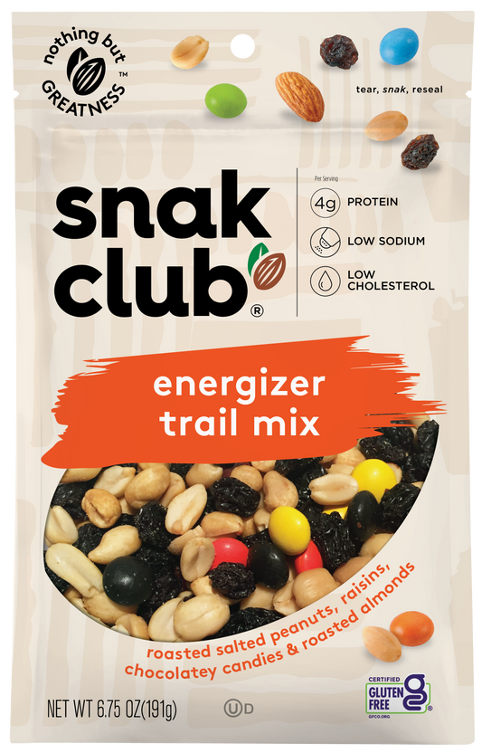 Snak Club Energizer Trail Mix with Roasted Salted Peanuts, Raisins, Chocolatey Candies, Roasted Almonds, 6.75 oz Resealable Bag