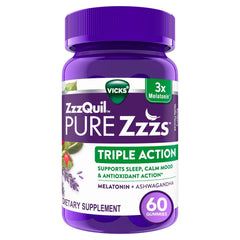 Vicks ZzzQuil Pure Zzzs Triple Action Melatonin Sleep Aid Gummies, with Ashwagandha, Dietary Supplement, 60 Ct - BargainBoxed.com