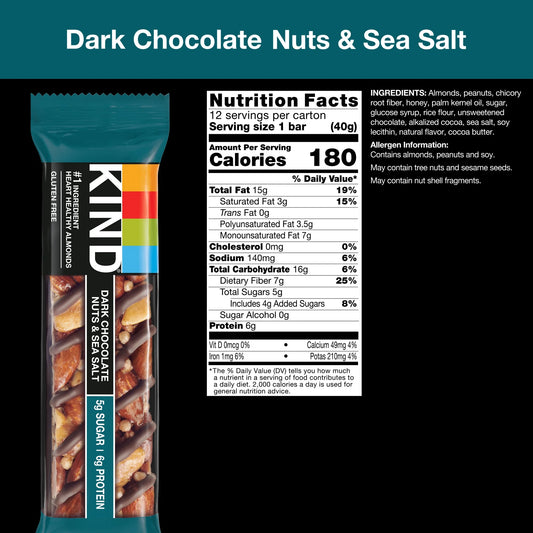 KIND Gluten Free Dark Chocolate Nuts & Sea Salt Snack Bars, Value Pack, 1.4 oz, 12 Count