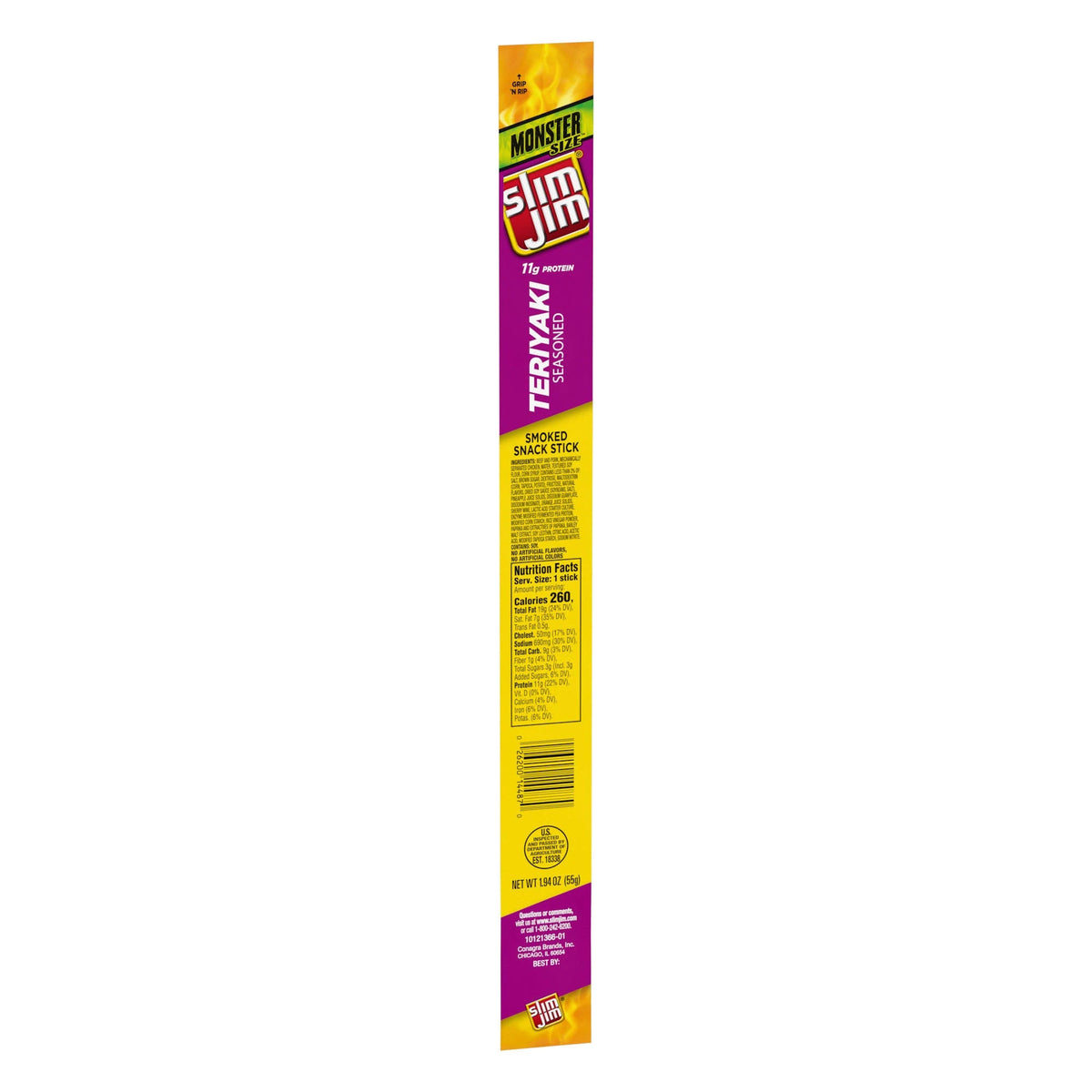 Slim Jim Monster Smoked Meat Sticks, Teriyaki Flavor, 11g Protein Per Stick, 1.94 oz.